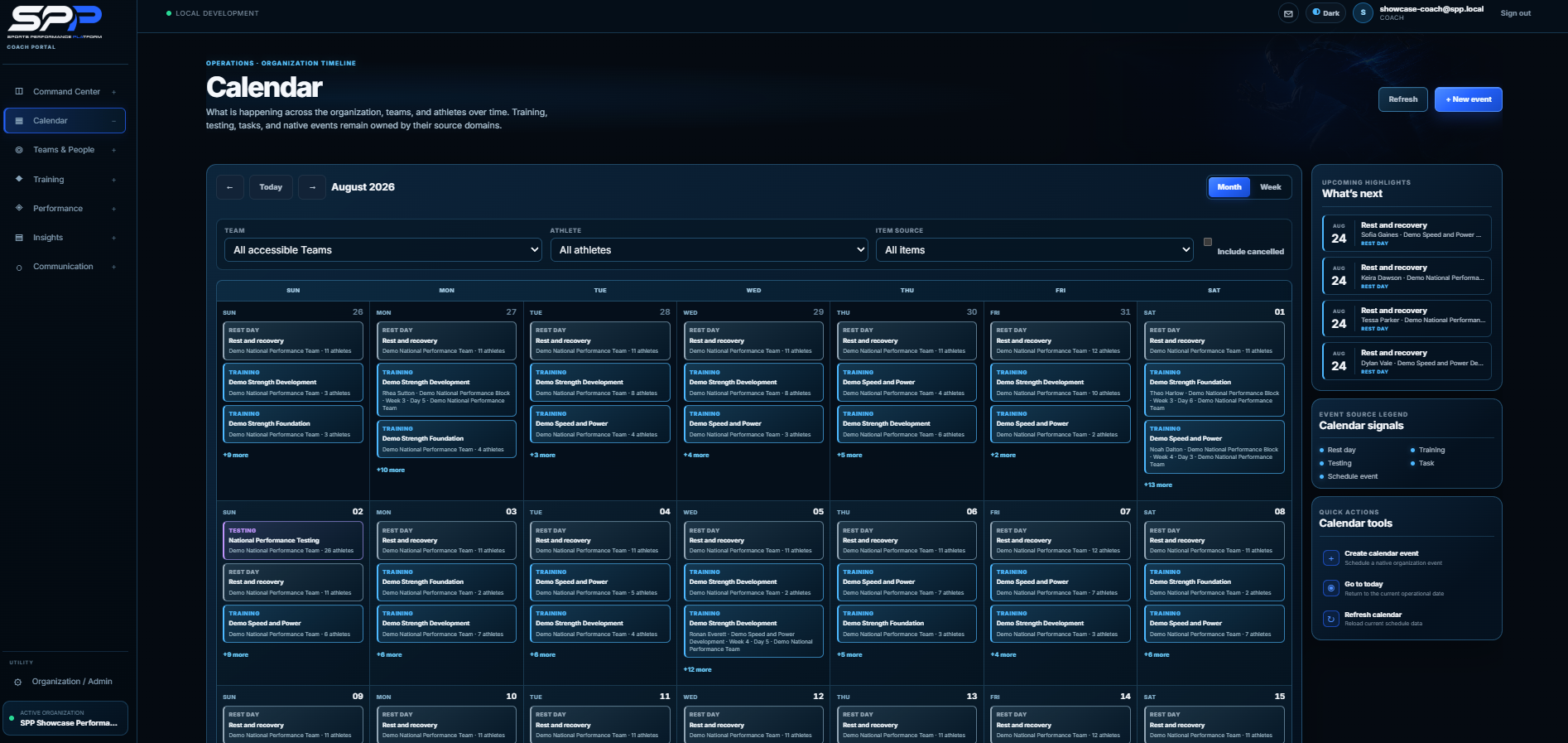 Coach Portal calendar showing training, testing, rest days, and team planning