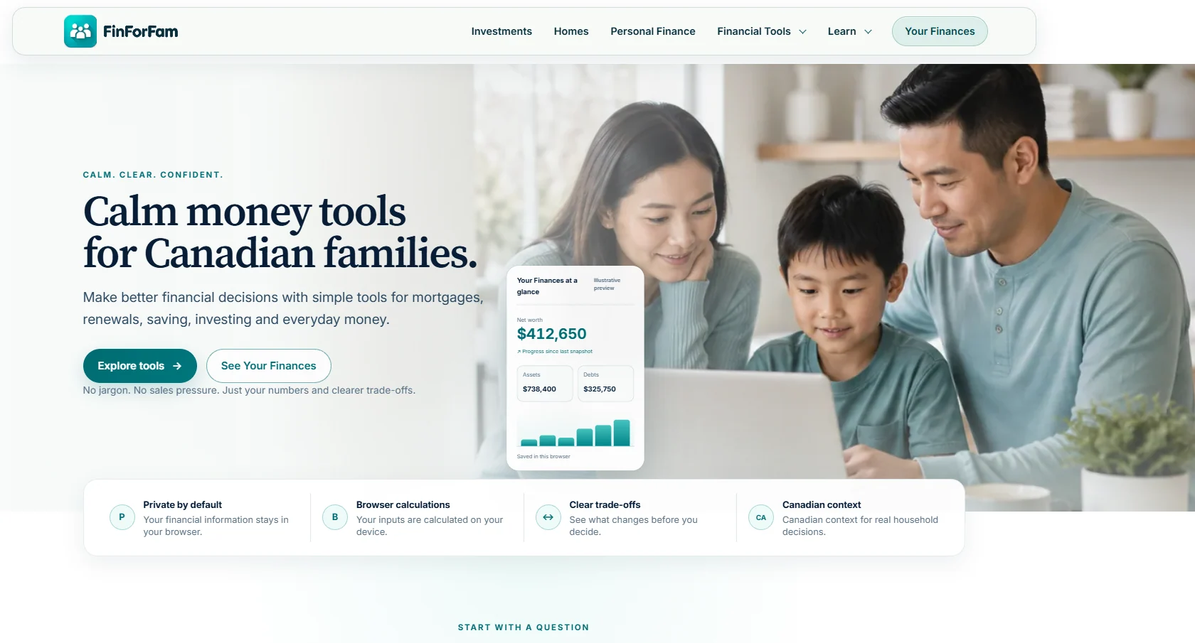FinForFam dashboard interface showing simple family finance tools