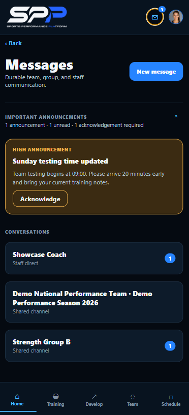 Player Portal mobile messaging screen for coach and athlete communication