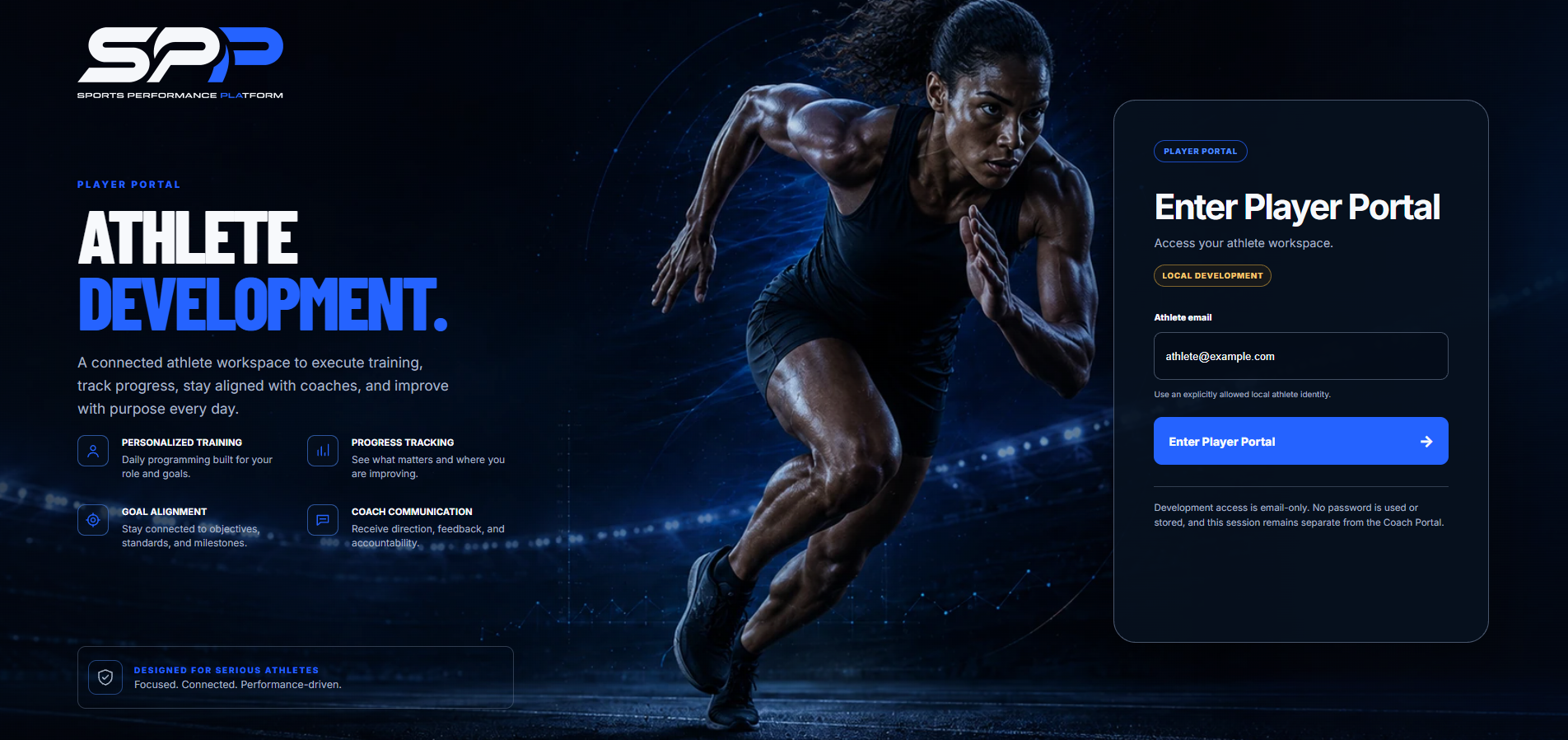 Sports Performance Platform Player Portal interface featuring athlete development tools, a runner, and secure athlete workspace access