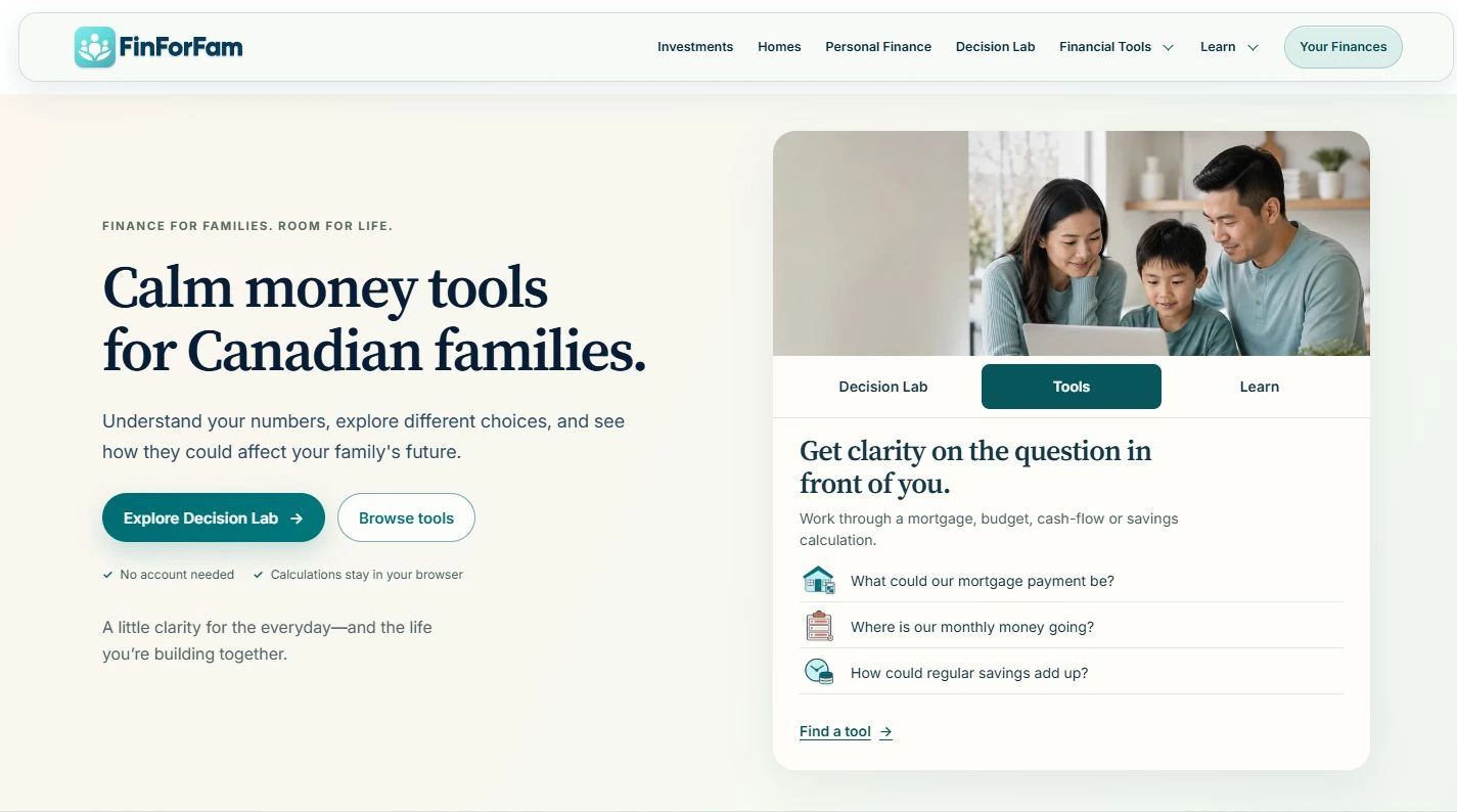 FinForFam’s homepage brand introduction: Calm money tools for Canadian families, with a family gathered around a laptop.