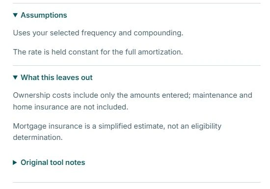 Opened Assumptions and What this leaves out disclosures, including the fixed-rate assumption and excluded maintenance and home insurance costs.
